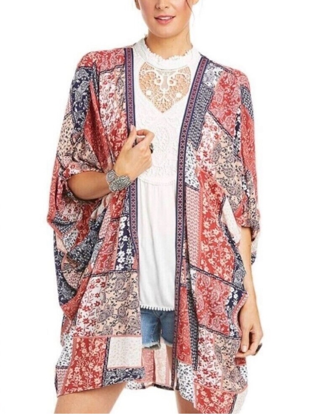Ariat Beth Western Red Multi Patchwork Open-Front Kimono